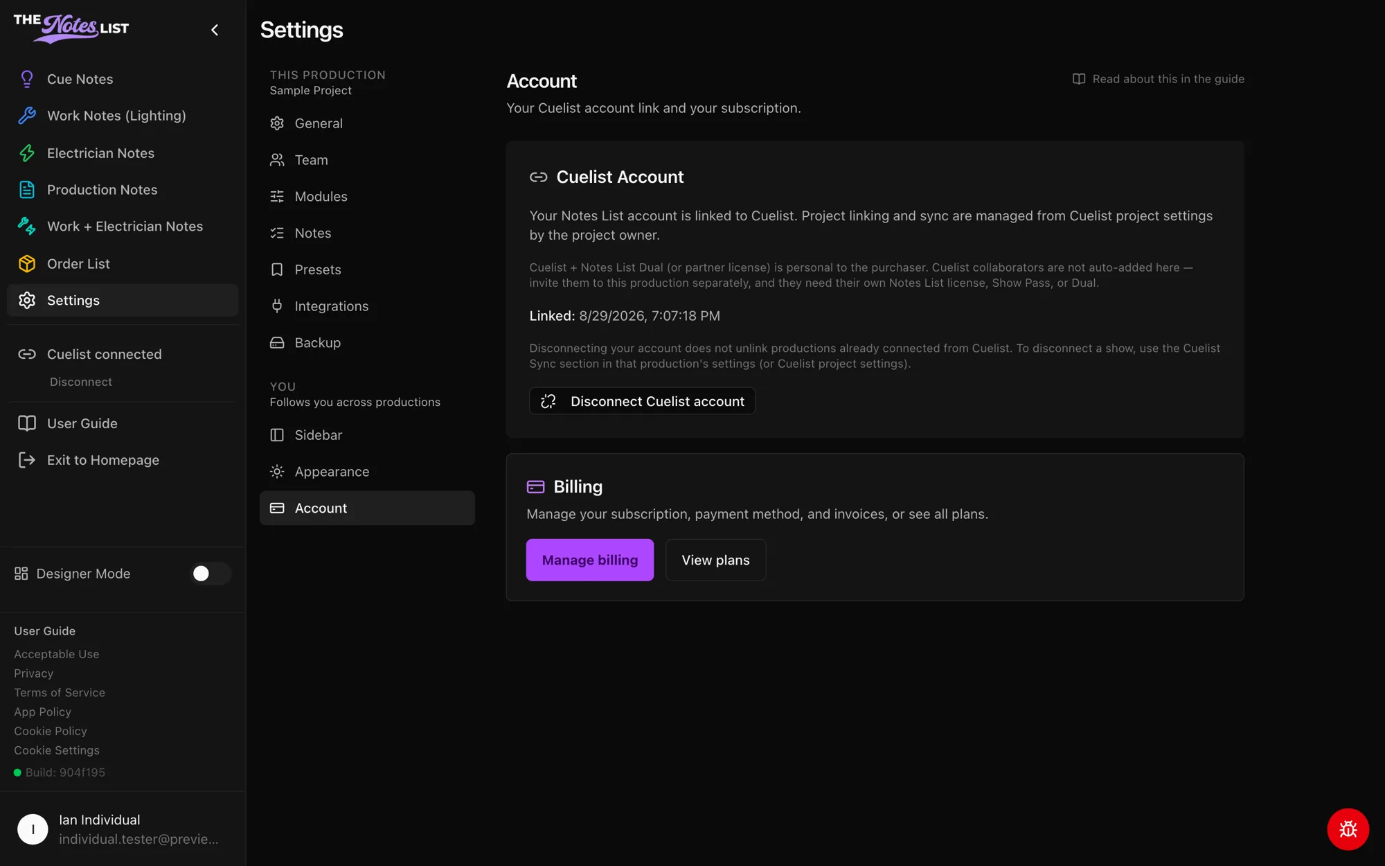 Settings → Account with Cuelist Account and Billing