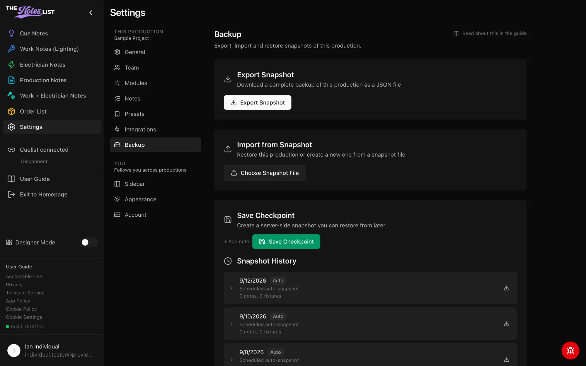 Settings → Backup with Export, Import, Save Checkpoint and Snapshot History