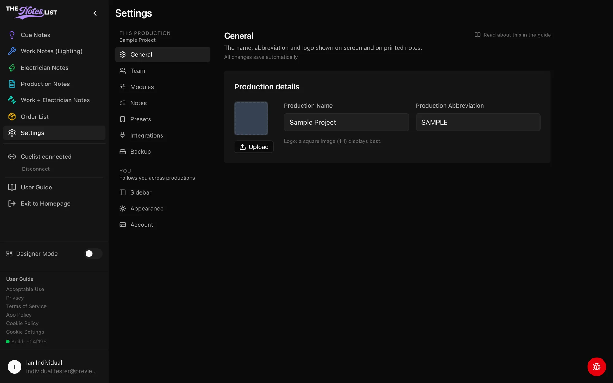 The Settings page open on General, with the section list on the left