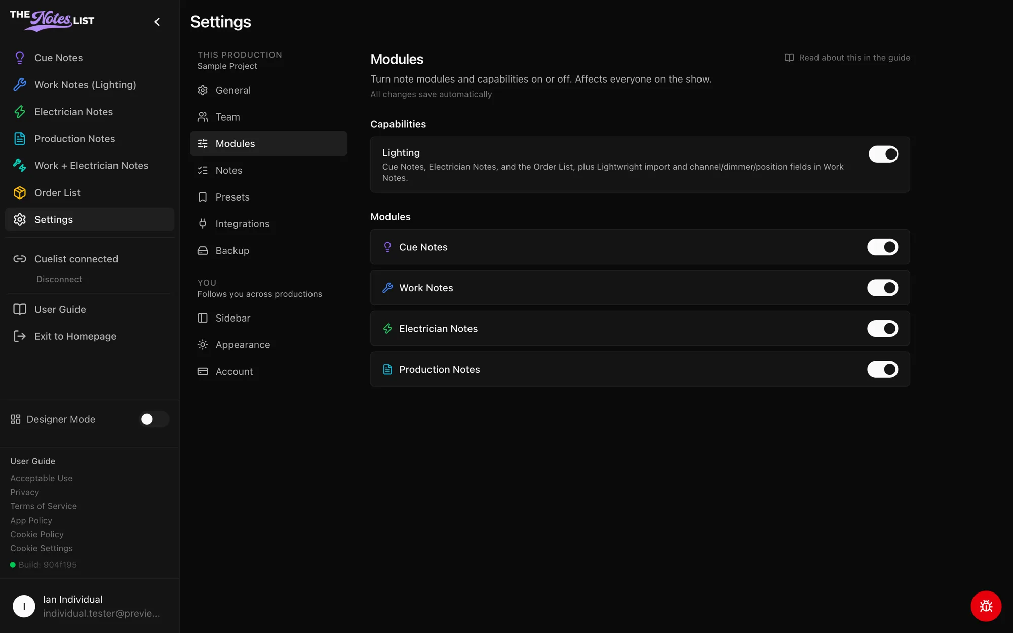 The Modules section with Capabilities and module switches