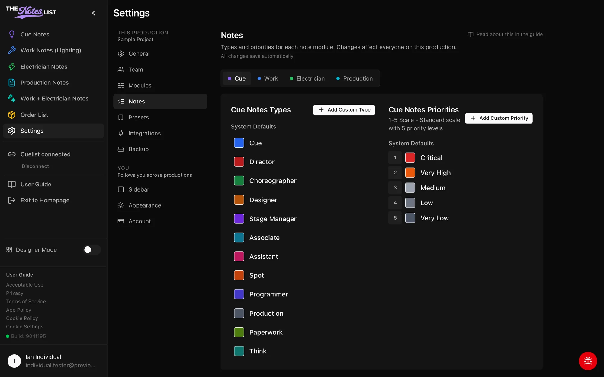 Settings → Notes with the module picker and the Types and Priorities editors