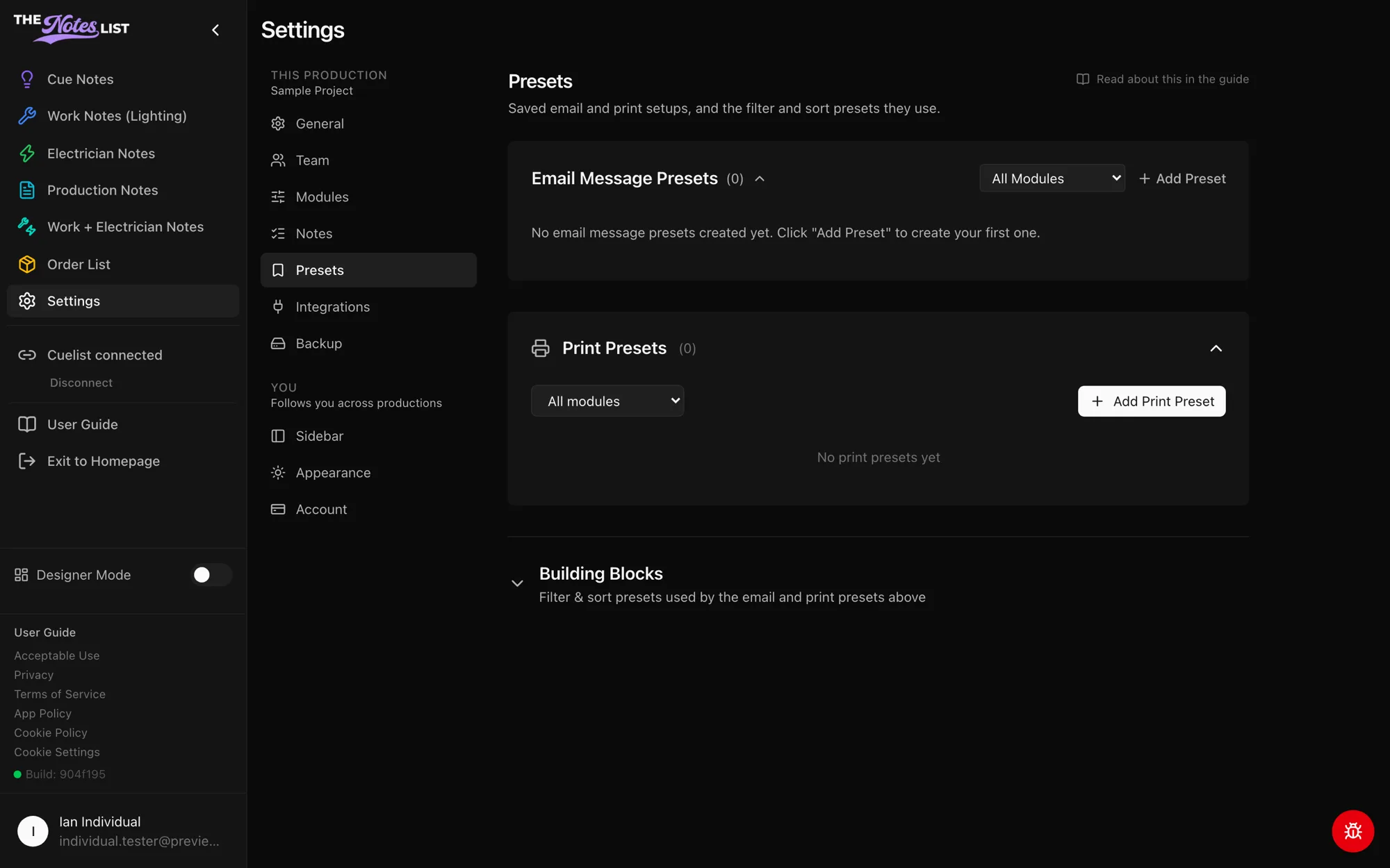 Settings → Presets with Email Message Presets, Print Presets and Building Blocks