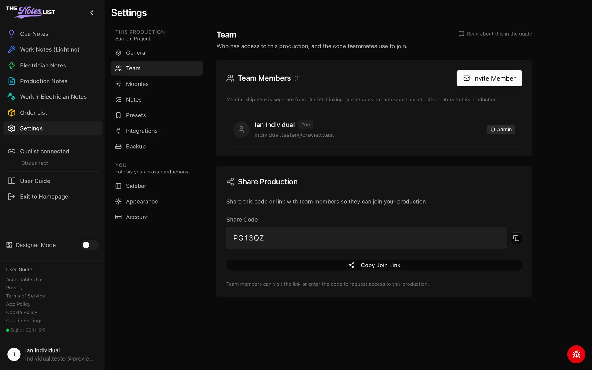 Settings → Team with the member list and the Share Production card